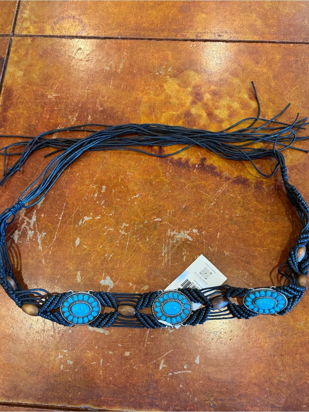 Handcrafted Turquoise Macrame Waist Belt with Beaded Accents